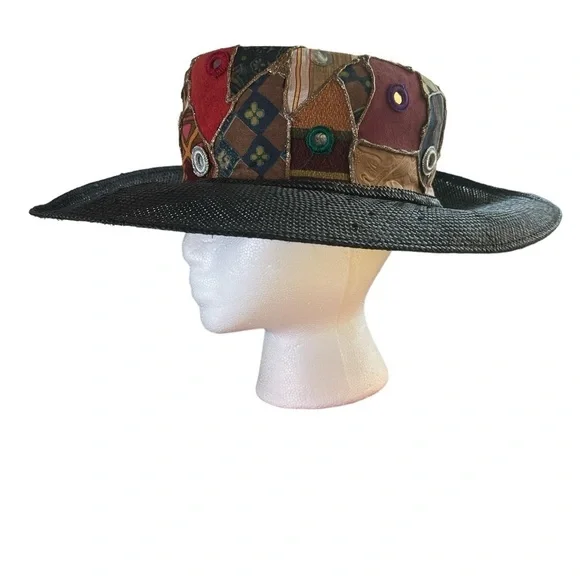 Bohemian (Whittall & Shon) Black Straw Hat with unique Print. - Picture 2 of 9